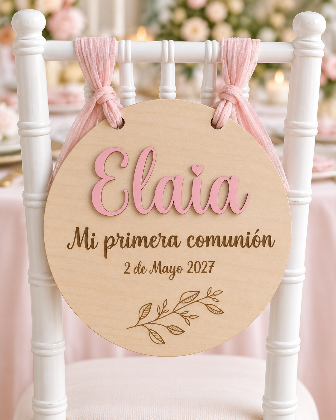 Placa de madera Mi Primera Comunión con nombre en relieve Taller de Arcoíris