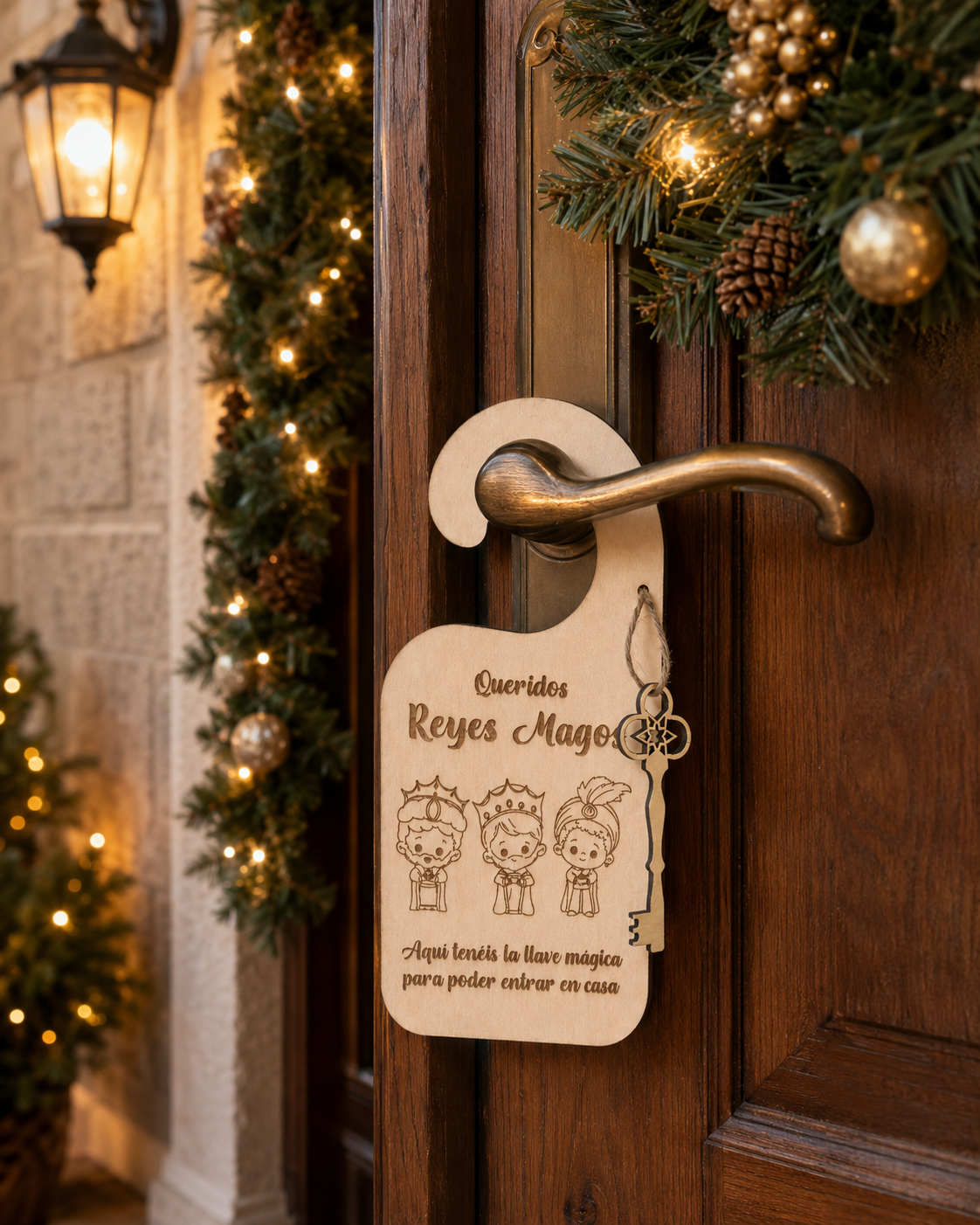 Colgador de Puerta Reyes Magos con Llave Mágica en Madera