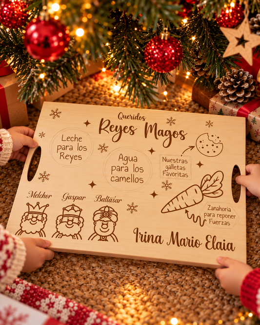 Bandeja de madera grabada personalizada para los Reyes Magos Taller de Arcoíris