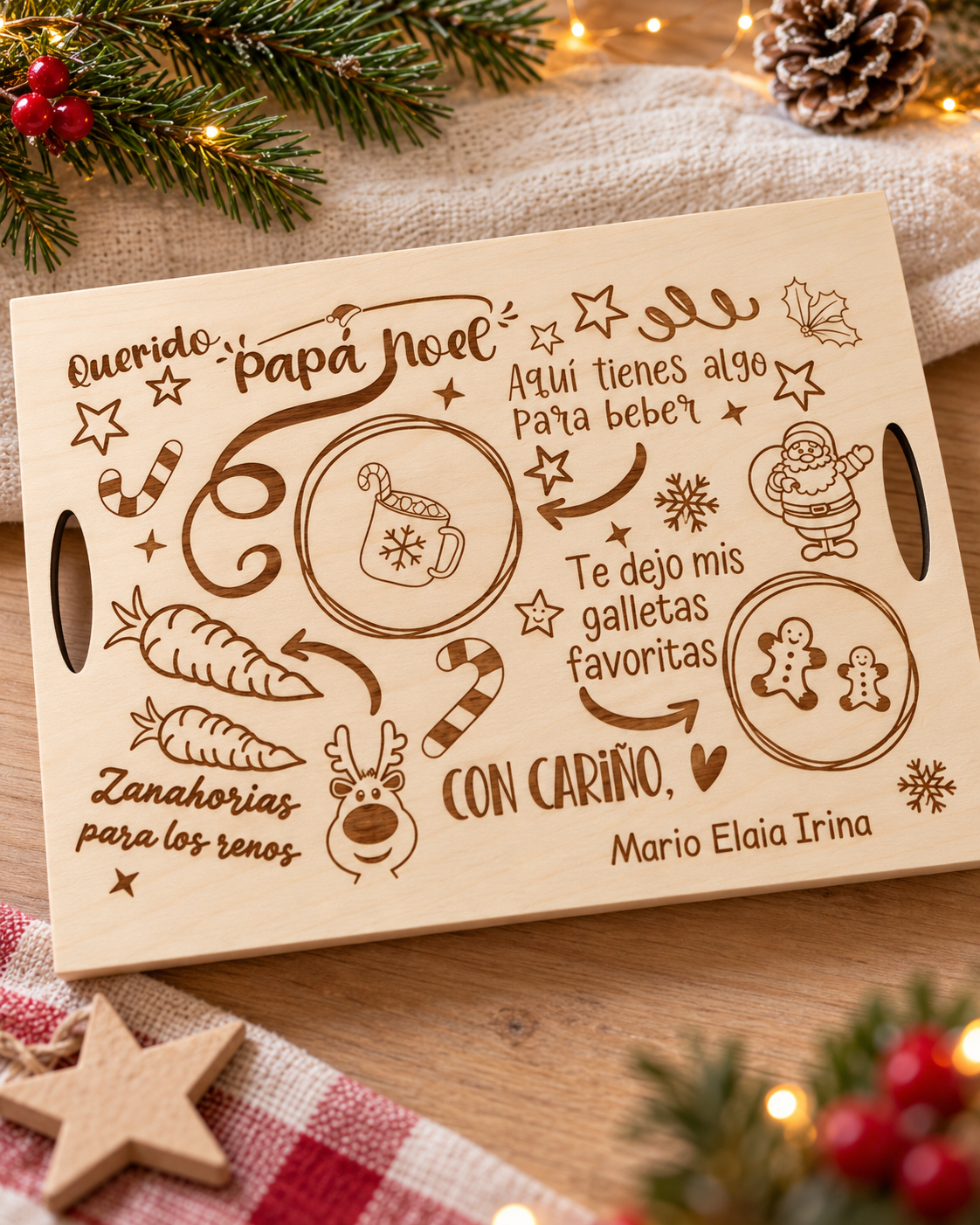 Bandeja de Navidad de madera grabada personalizada para Papá Noel Taller de Arcoíris