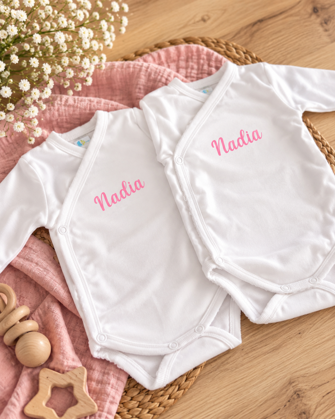 Body de bebé cruzado personalizado con nombre – Manga larga