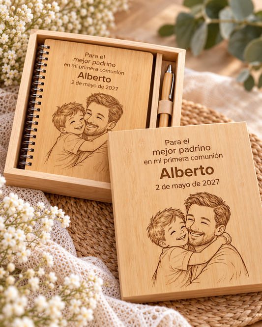 Pack libreta de madera grabada y bolígrafo de bambú personalizado Taller de Arcoíris