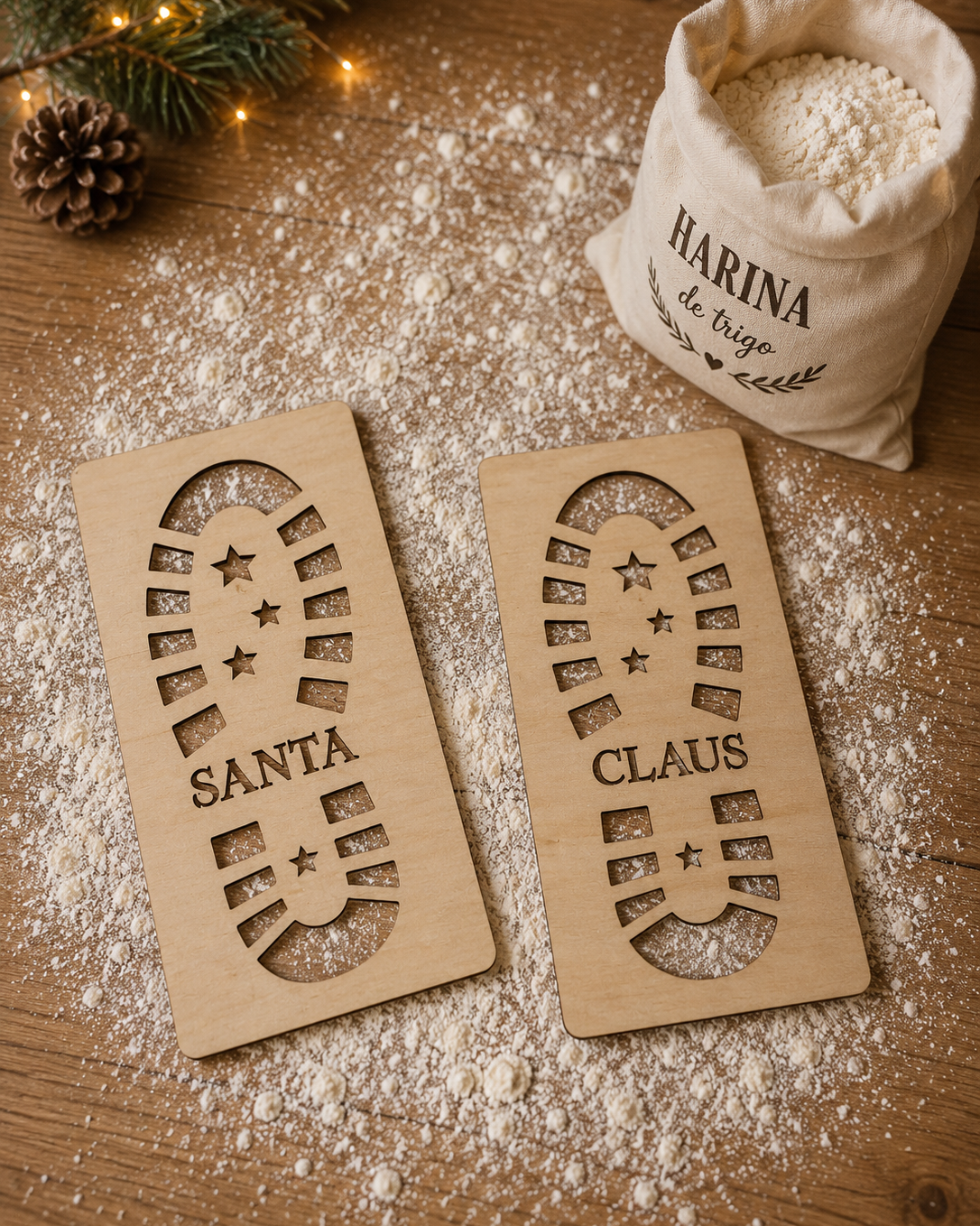 Huellas de Santa Claus en Madera – Set de 2 Plantillas para Harina